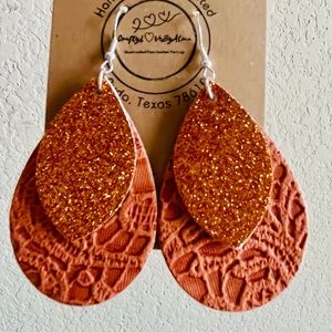 Burned Orange Floral Laced Embroidery & SupefineBronze Glitters Layered Earrings